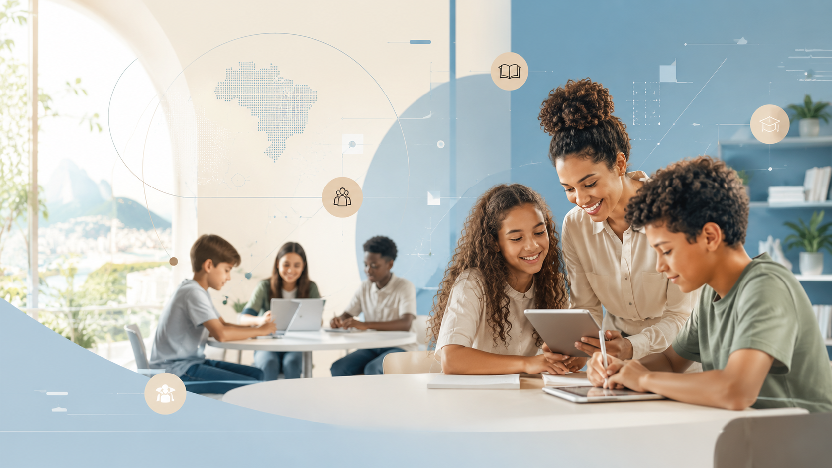 Ambiente futurista de aprendizagem com hologramas